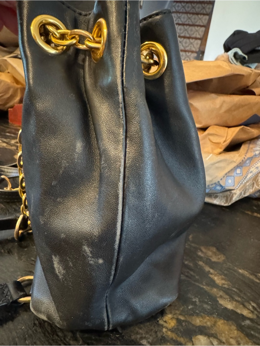 Tory Burch Black Leather Mini Drawstring Bucket Bag with Gold Chain - Picture 11 of 13